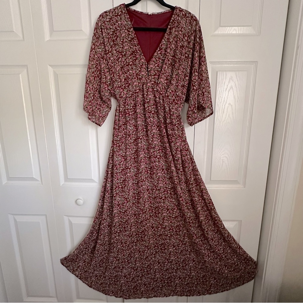 Entro Dress Womens S Floral Babydoll Maxi Boho V Neck Lined Short Sleeve Fairy - Picture 2 of 16